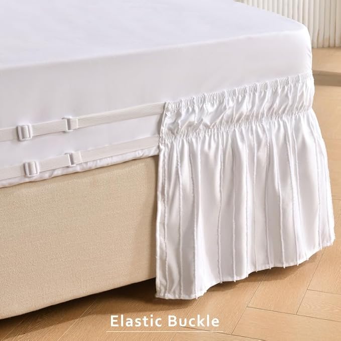 MIYE Striped Tufted Bed Skirt - Wrap Around Dust Ruffle with Elastic Belts - 15 Inch Drop Easy to Put On - Bedskirt Machine Washable ＆ Wrinkle Resistant(Striped/White, Full/Twin-15 Drop)