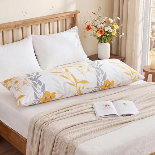 Bedorm Cotton Body Pillow Cover 20 x 54 Pillow Case Yellow Floral Botanical - Image 7