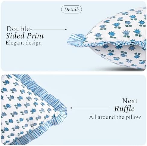 CPC Block Print Arctic Blue Ruffle Cotton Lumbar Pillow Cover 14x36 inch - Image 2