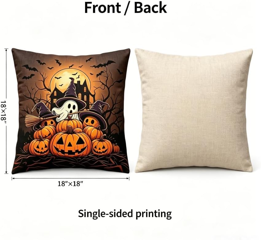 Halloween Throw Pillow Covers, 18x18 Inch, Ghost Pumpkin and Bat Design - Image 4