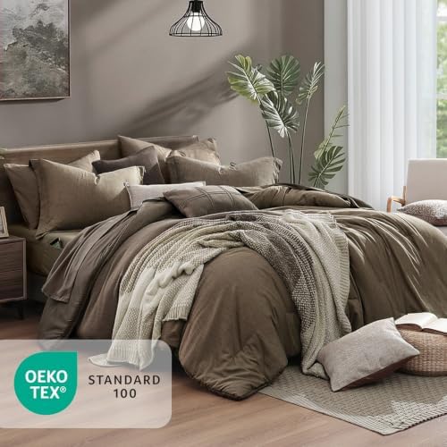 Monbix Queen Comforter Set 7 Pieces Cationic Dyeing Taupe Grey Bed in a Bag - Image 4