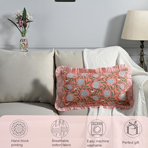 Ridhi Block Print Dark Salmon Pink Ruffle Lumbar Pillow Shams - Image 4