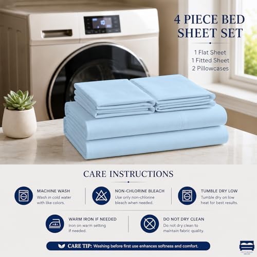 Cottingon 4 Piece Full Sheets Fits 16" Deep, Egyptian Cotton, Light Blue - Image 5