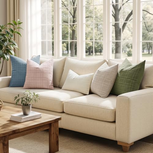 MIULEE Linen Plaid Pillow Covers Decorative 20x20 Light Pink - Image 4