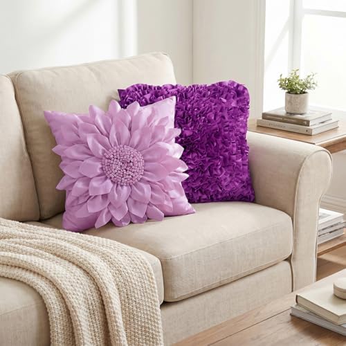 Purple Accent 3D Flower Decorative Throw Pillow Covers - Image 2