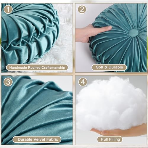 HIG Set of 2 Teal Velvet Decorative Round Pleated Throw Pillows - Image 3