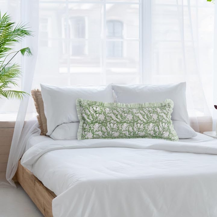 CPC Block Print Olive Green Ruffle Cotton Lumbar Pillow Cover 12x20 inch - Image 6
