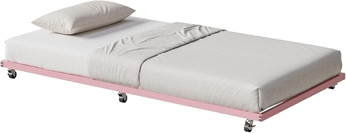 GarveeHome Twin Size Metal Roll Out Trundle Bed Frame with Wheels and Slats Support, Pink