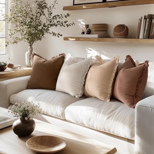 MIULEE Fall Linen Fringe Pillow Covers Set of 4 24x24 Beige/Brown - Image 4