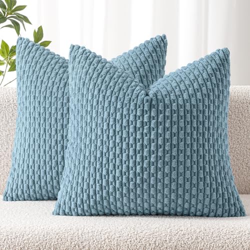 MIULEE Decorative Throw Pillow Covers 16x16 Blue Grey Textured Corduroy by MIULEE