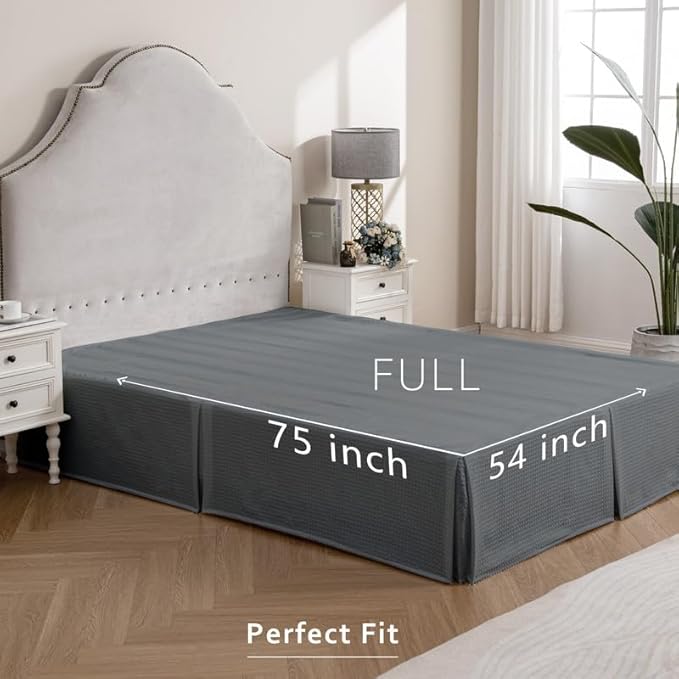 MIYE Pleated Waffle Weave Bed Skirt, Tailored Dust Ruffle 12 Inch Drop Easy Fit, Machine Washable (Dark Grey, Full - 12" Drop)