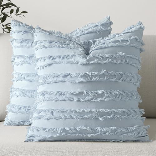 MIULEE Boho Linen Striped Throw Pillow Covers 18x18, Light Blue by MIULEE