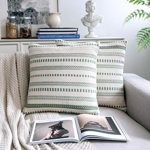 Cethom Sage Green Boho Throw Pillow Covers 20x20 Inch Set of 2, Stripe Textured - Image 3