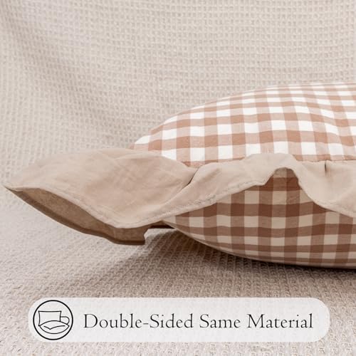 JoraLion Ruffled Lumbar Pillow Cover 14x36 Gingham Khaki Solid Edge - Image 5