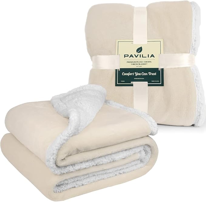 PAVILIA Sherpa Fleece Throw Blanket for Couch, Cream Beige, Plush Soft Fuzzy Sofa Blanket, Cozy Reversible Winter Throw for Women Men, 50x60 Inches