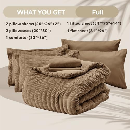 HYMOKEGE Brown Full Size Comforter Sets Seersucker 7 Pieces, All Season Luxury - Image 5