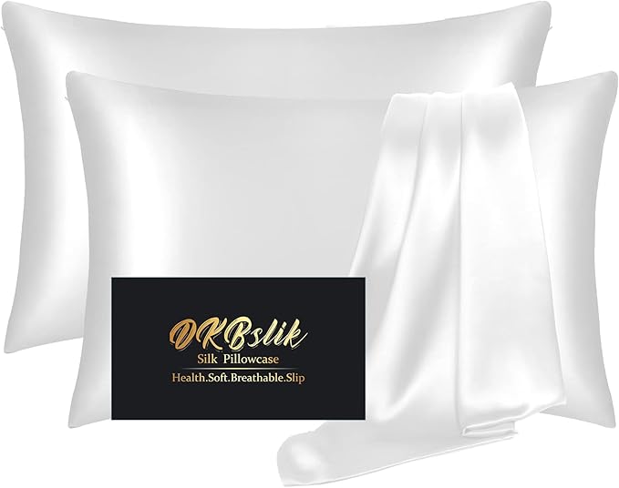 Silk Pillowcase 2 Pack, Natural Mulberry Silk Pillow Cases, Anti Acne Silk Pillowcase for Hair and Skin, King Size Silk Satin Pillowcase Set of 2 with Hidden Zipper, Gifts for Women Men, White