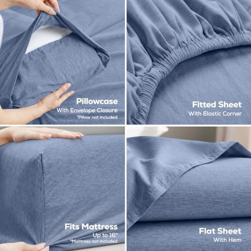 Queen Sheet Set, 4 Pieces 16" Deep Pocket Hotel Luxury Sheets, Heather Navy - Image 3