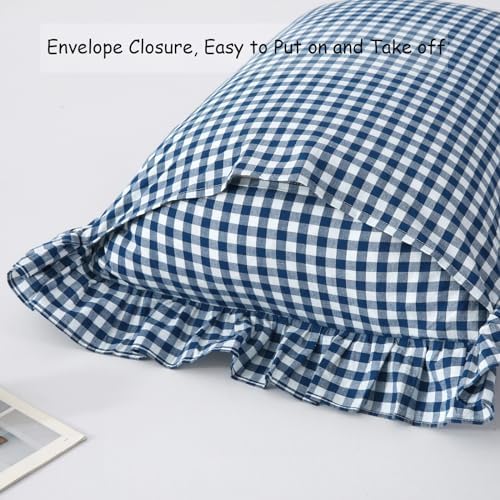 Mywinlle Navy Blue/White Gingham Plaid Euro Pillow Shams Set of 2 - Image 4