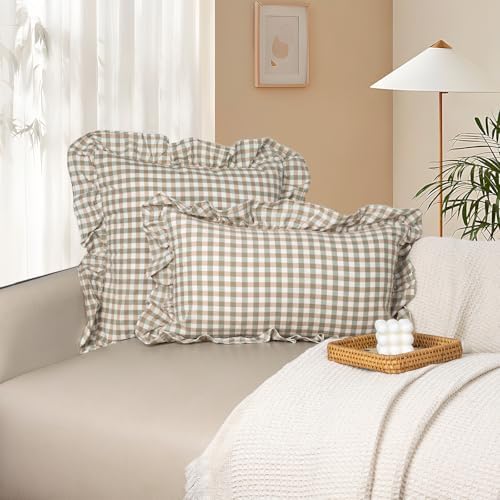 JoraLion Ruffled Throw Pillow Cover 18x18 Gingham Green - Image 2