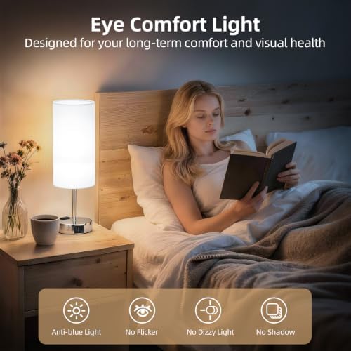 Table Lamp, Dimmable Touch, AC Outlet, USB A+C (White&Silver) - Image 5