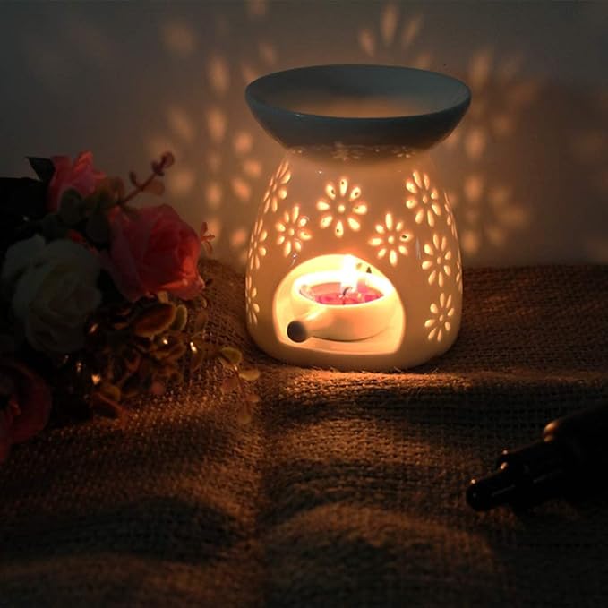 Ceramic Tea Light Holder, Aromatherapy Oil Burner, Wax Warmer, Tealight Holder with White Floral Pattern for Valentine's Day Gift