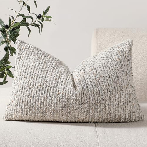 DEZENE 12x20 Cream Grey Lumbar Pillow Cover Textured Boucle Striped Chic Morden by DEZENE