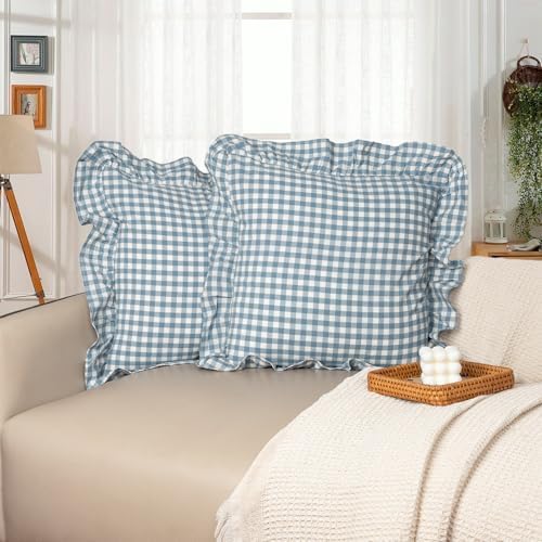 JoraLion Ruffled Throw Pillow Cover, Gingham Smoke Blue by JoraLion