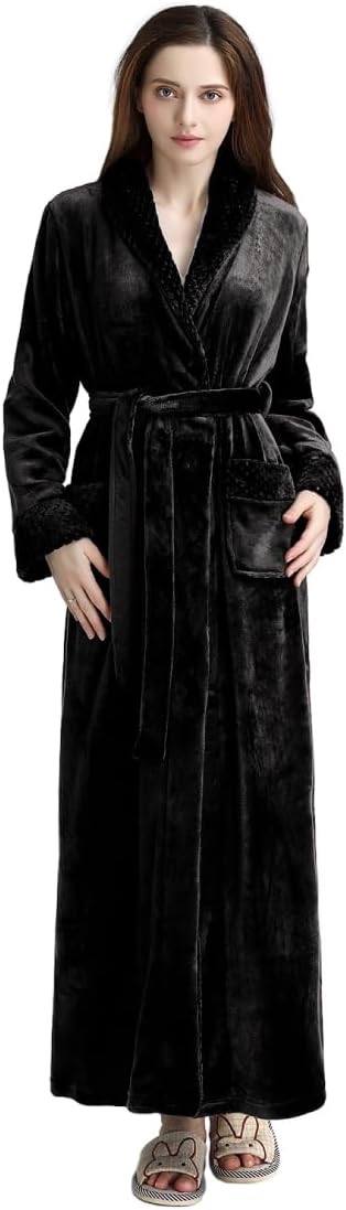 Artfasion Womens Long Fleece Robe - Warm Soft Floor Length Flannel Bathrobes for Winter Thicker Long House Coat with Pockets