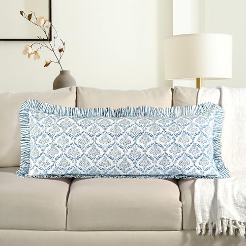 CPC Block Print Indigo Regal Ruffle Cotton Lumbar Pillow Cover 14x36 inch by COTTONPRINTCLUB