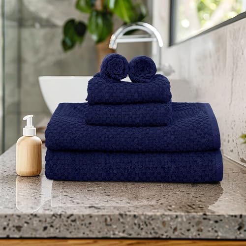 COTTON CRAFT Euro Spa Waffle Weave 6 Piece Towel Set - 100% Cotton - Navy - Image 2