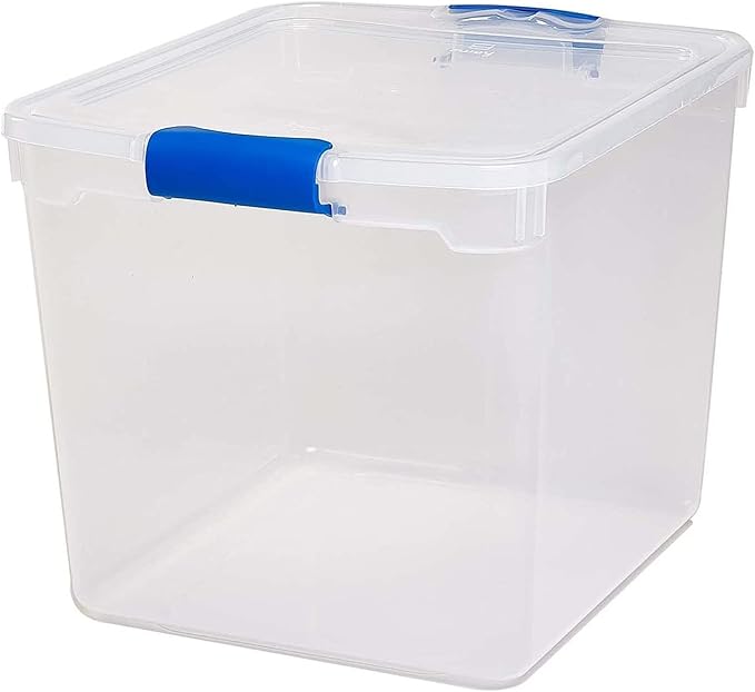 HOMZ 4-Pack 31 Quart Latching Lid, Clear Plastic Storage Organizer Bins, Blue – Stackable Containers for Home & Office Shelves, Kitchen, Garage, and Bathroom Organization
