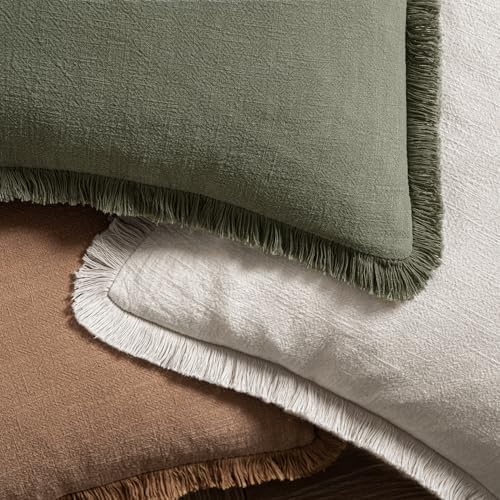 MIULEE Fall Linen Fringe Pillow Covers Set of 4 18x18 Olive Green - Image 6