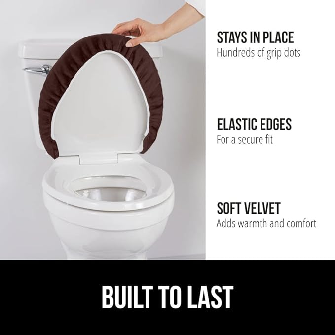 GORILLA GRIP Thick Memory Foam Bathroom Toilet Lid Seat Cover, Soft Velvet Topside, Machine Wash, Plush Cushioned Covers Fits Most Size Lids, Decorative Bath Room Accessories, 19.5x18.5, Brown