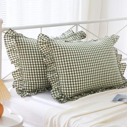 Mywinlle Sage Green Plaid Gingham Ruffle Pillow Shams Standard Size 20"x26" by Mywinlle