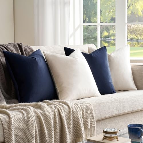 GIGIZAZA Pack of 4 Decorative Velvet Pillow Covers 16x16 Navy Beige - Image 4