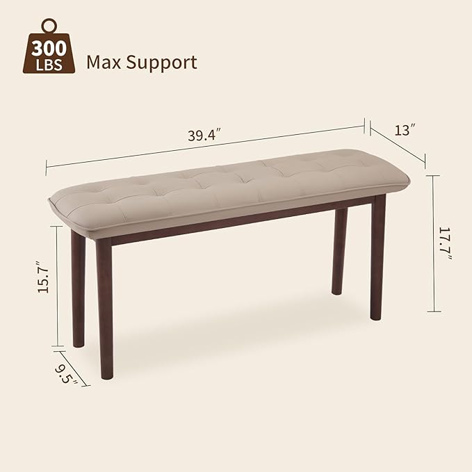 40'' Solid Wood Dining Bench with Cushion, Faux Leather Upholstered Bench for Dining Room Table, Kitchen, Entryway, or Bedroom End of Bed