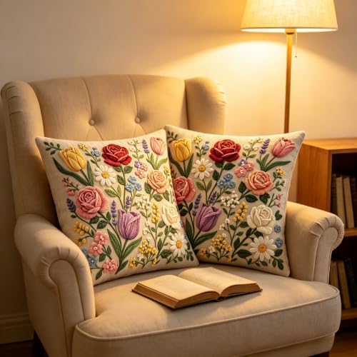 2D Flat Tulip Daisy Floral Bouquet Linen Throw Pillow Covers 18x18 Set of 2 - Image 7