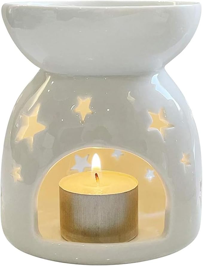 HwaGui Ceramic Tea Light Holder,Aromatherapy Oil Burner Candle Warmers Home Decoration Romantic White Star Pattern