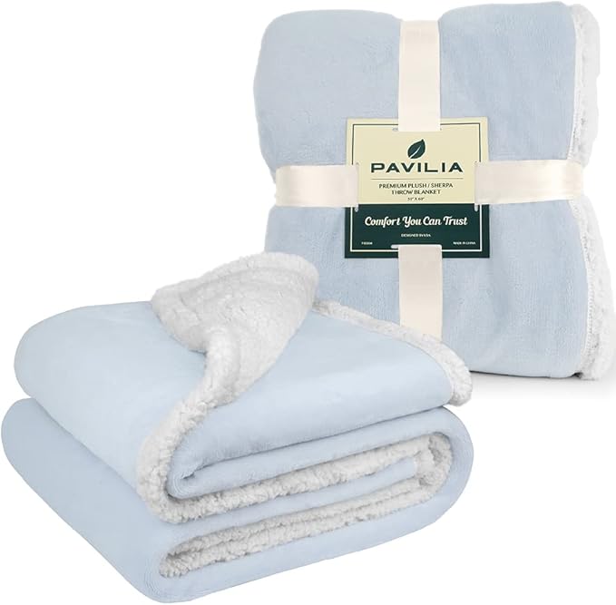 PAVILIA Sherpa Fleece Throw Blanket for Couch, Twin Size, Light Blue, Plush Soft Fuzzy Sofa Blanket, Cozy Reversible Winter Throw for Women Men, 60x80 Inches