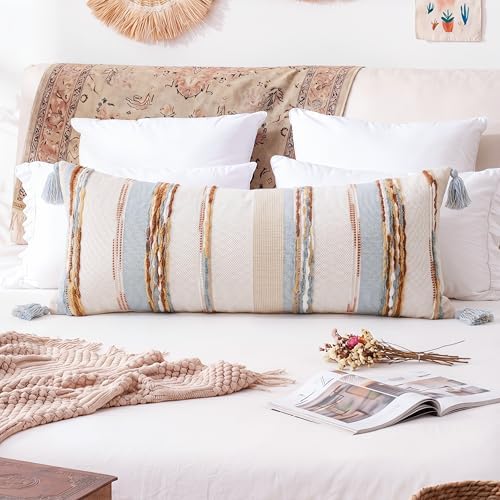 PANOD Boho Long Lumbar Throw Pillow Cover 16 x 36 Blue Brown, Chenille Morocan - Image 2