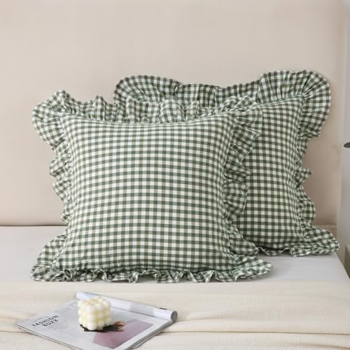 Silnuo 2 Pack Sage Green/White Plaid Ruffle Throw Pillow Covers Farmhouse by Silnuo