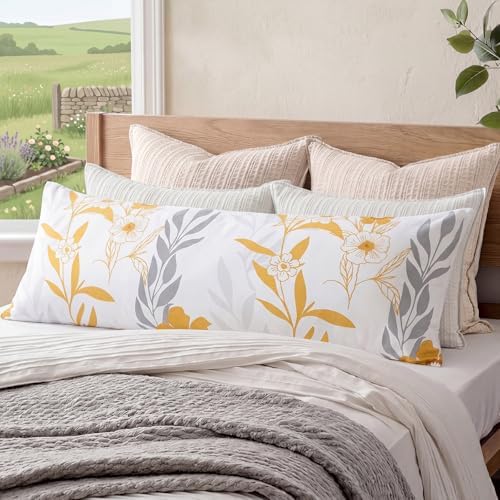 Bedorm Cotton Body Pillow Cover 20 x 54 Pillow Case Yellow Floral Botanical by Bedorm