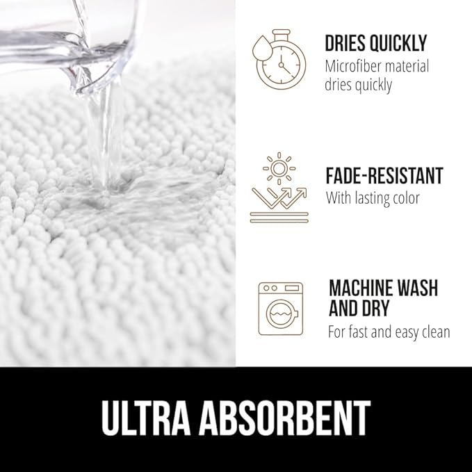 GORILLA GRIP Bathroom Rug Sets 3 Piece, Bath Mat Set and Oval Toilet Base with Rubber Backing, Plush Absorbent Shaggy Chenille Washable Mats, Includes 24x19.5, 24x17 and 36x24 Inch Rugs, White