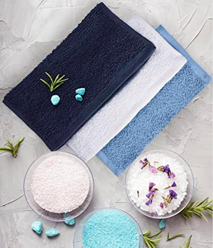Towel and Linen Mart 100% Cotton - Wash Cloth Set - Flannel Face Cloths, Highly Absorbent and Soft Feel Fingertip Towels (Navy, White & Sky Blue, Pack of 12) - Image 7