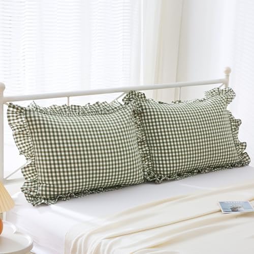 Mywinlle Sage Green Plaid Gingham Ruffle Pillow Shams Standard Size 20"x26" - Image 3