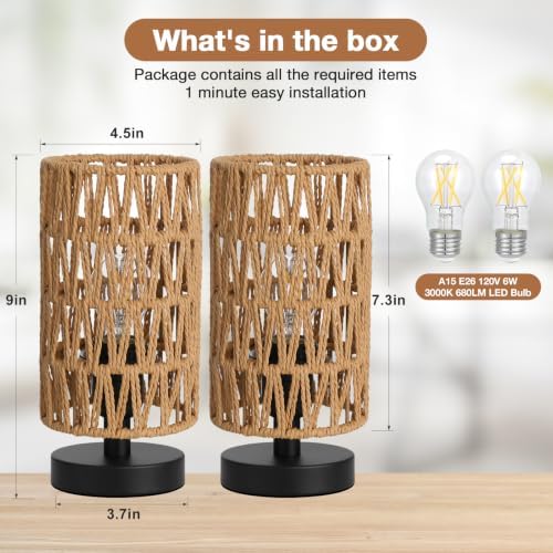 Table Lamps Set of 2 (Rattan Rope Shade - Black Base, 9" Inline Control) - Image 2