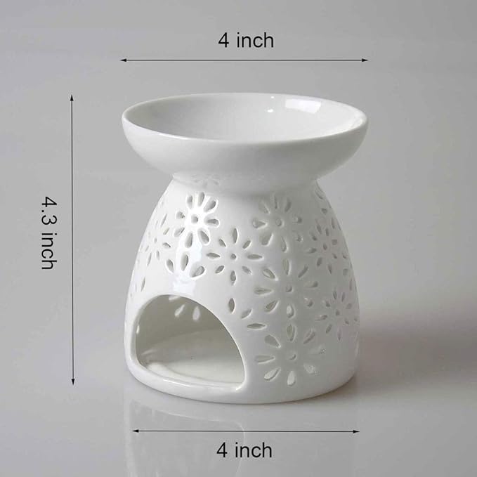 Ceramic Tea Light Holder, Aromatherapy Oil Burner, Wax Warmer, Tealight Holder with White Floral Pattern for Valentine's Day Gift