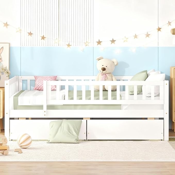 Bellemave Full Size Bed Frames with Rails for Kids, Full daybed Frame with Drawers for Boys/Girls/Adults， White