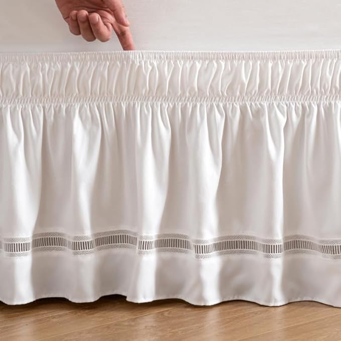 MIYE Wrap Around Ruffled Lace Bed Skirt, Elastic Dust Ruffle with Adjustable Belts, Easy to Put On, Bed Frame Cover, Machine Washable (Ruffled Lace/White, King/Queen-18 Drop)